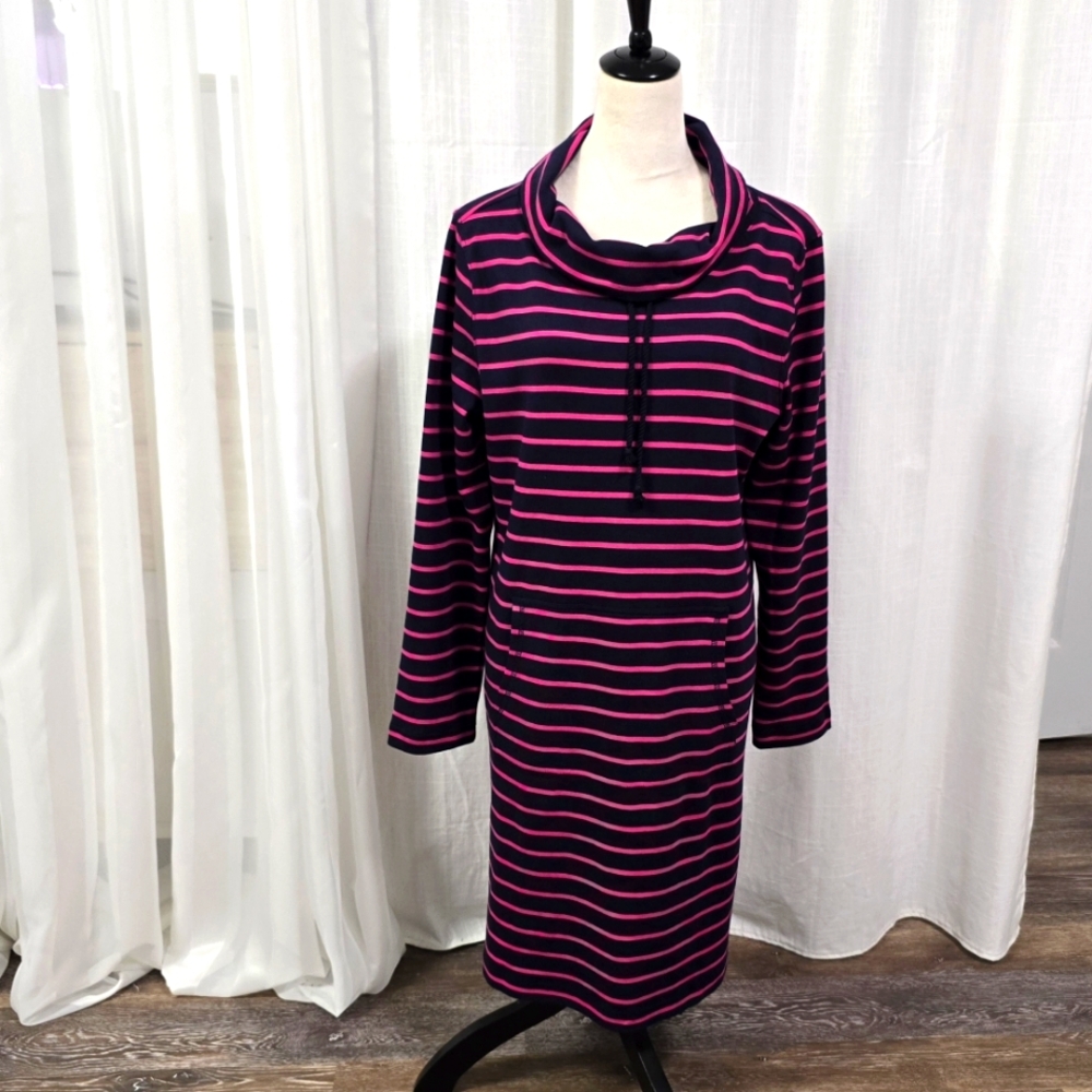 2/$30 Talbots Navy & Pink Nautical Striped Midi Dress Sz M Cowl Neck 100% Cotton